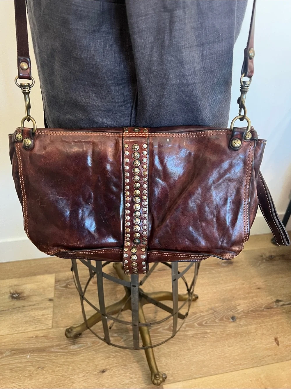 Campomaggi Dark Brown Studded Leather Messenger Bag clutch